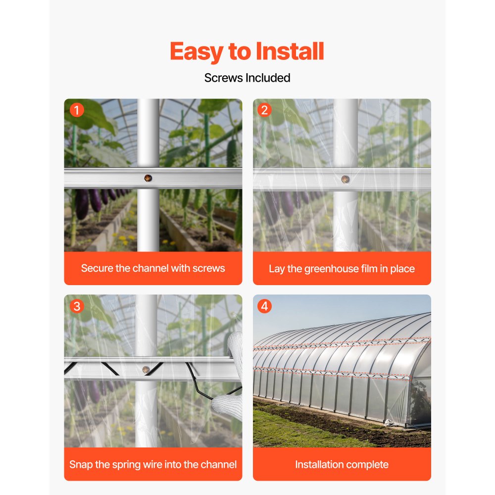 VEVOR Greenhouse Spring Wire and Lock Channel, 40 Packs 6.56 ft PVC-Coated Wiggle Wire & Aluminum Alloy Channel Bundle Kit with Included Screws, 0.05 in Thickened, Poly Film & Shade Cloth Attachments