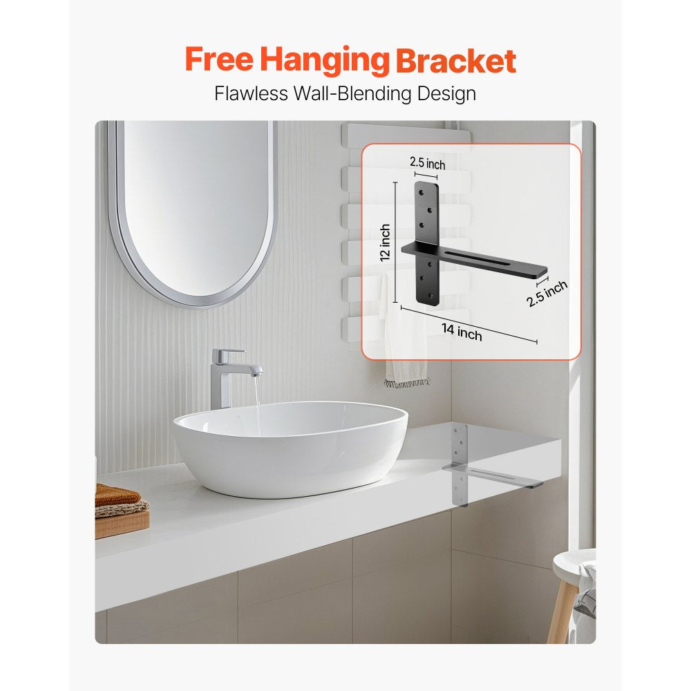 VEVOR T Shelf Brackets 2 Pcs, 200 lbs/90 kg Weight Capacity, 14x2.89x12 in / 355.6x73.5x304.8 mm, Solid Steel Heavy Duty Brackets for Shelves, Countertop Support Floating Bracket Hardware with Screws