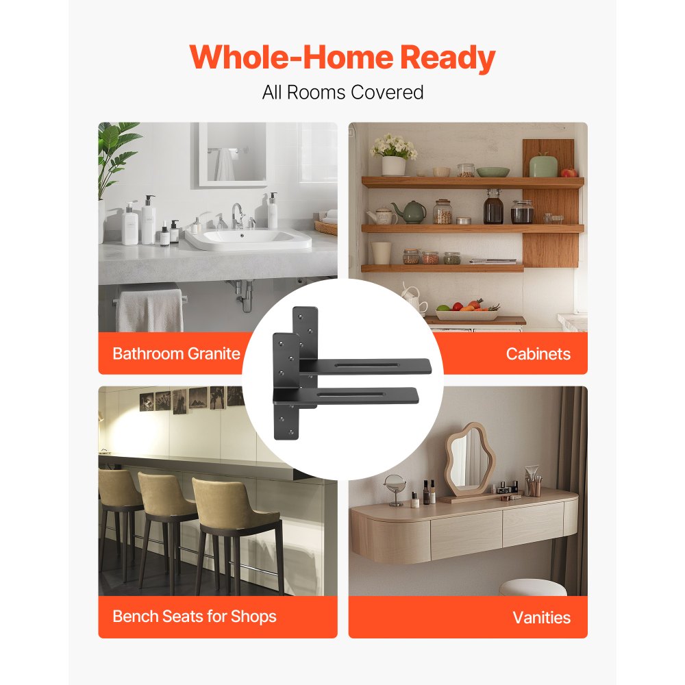 VEVOR T Shelf Brackets 2 Pcs, 200 lbs/90 kg Weight Capacity, 14x2.89x12 in / 355.6x73.5x304.8 mm, Solid Steel Heavy Duty Brackets for Shelves, Countertop Support Floating Bracket Hardware with Screws