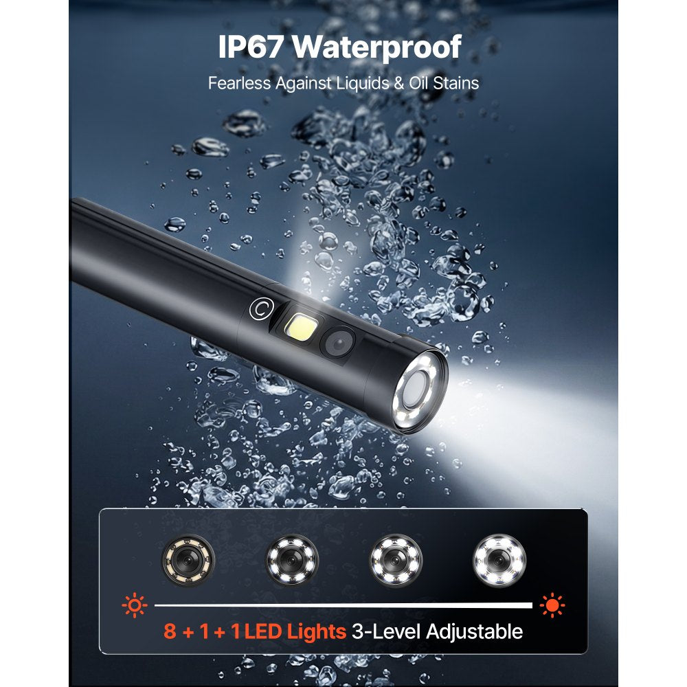 VEVOR Triple Lens Endoscope with Light, 5" HD IPS Screen Industrial Borescope Camera, 8 + 2 LED Lights, 8X Zoom, 5000mAh, IP67 Waterproof Inspection Snake Camera for Automotive, Plumbing (4.9FT Cable)