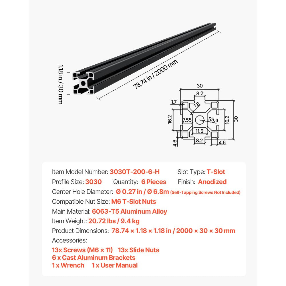 VEVOR 6PCS 3030 Aluminum Extrusion Profile, 78.74 Inch 2000 mm, T Slot European Standard Anodized Linear Rail, High-Strength Extruded Aluminum Rail, for 3D Printer Parts and CNC DIY Workbench, Black