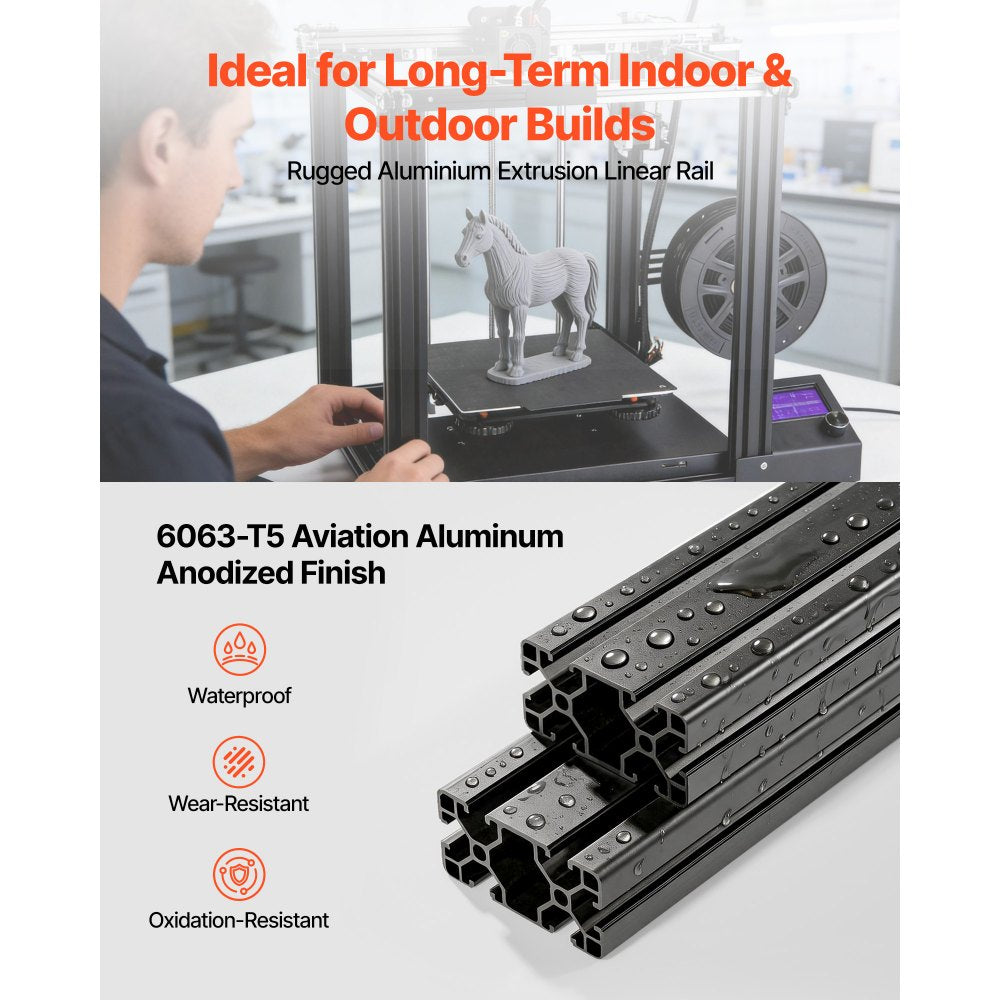 VEVOR 2PCS 4080 Aluminum Extrusion Profile, 19.69 Inch 500 mm, T Slot European Standard Anodized Linear Rail, High-Strength Extruded Aluminum Rail, for 3D Printer Parts and CNC DIY Workbench, Black