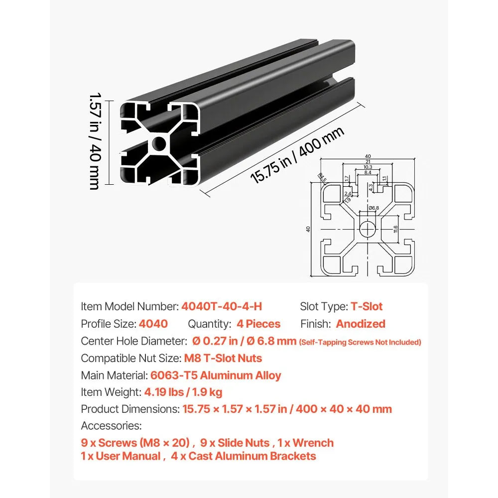 VEVOR 4PCS 4040 Aluminum Extrusion Profile, 15.75 Inch 400 mm, T Slot European Standard Anodized Linear Rail, High-Strength Extruded Aluminum Rail, for 3D Printer Parts and CNC DIY Workbench, Black