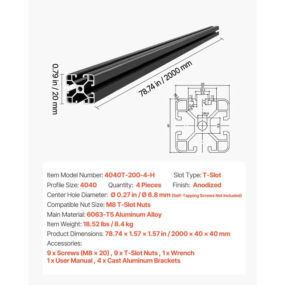 VEVOR 4PCS 4040 Aluminum Extrusion Profile, 78.74 Inch 2000 mm, T Slot European Standard Anodized Linear Rail, High-Strength Extruded Aluminum Rail, for 3D Printer Parts and CNC DIY Workbench, Black