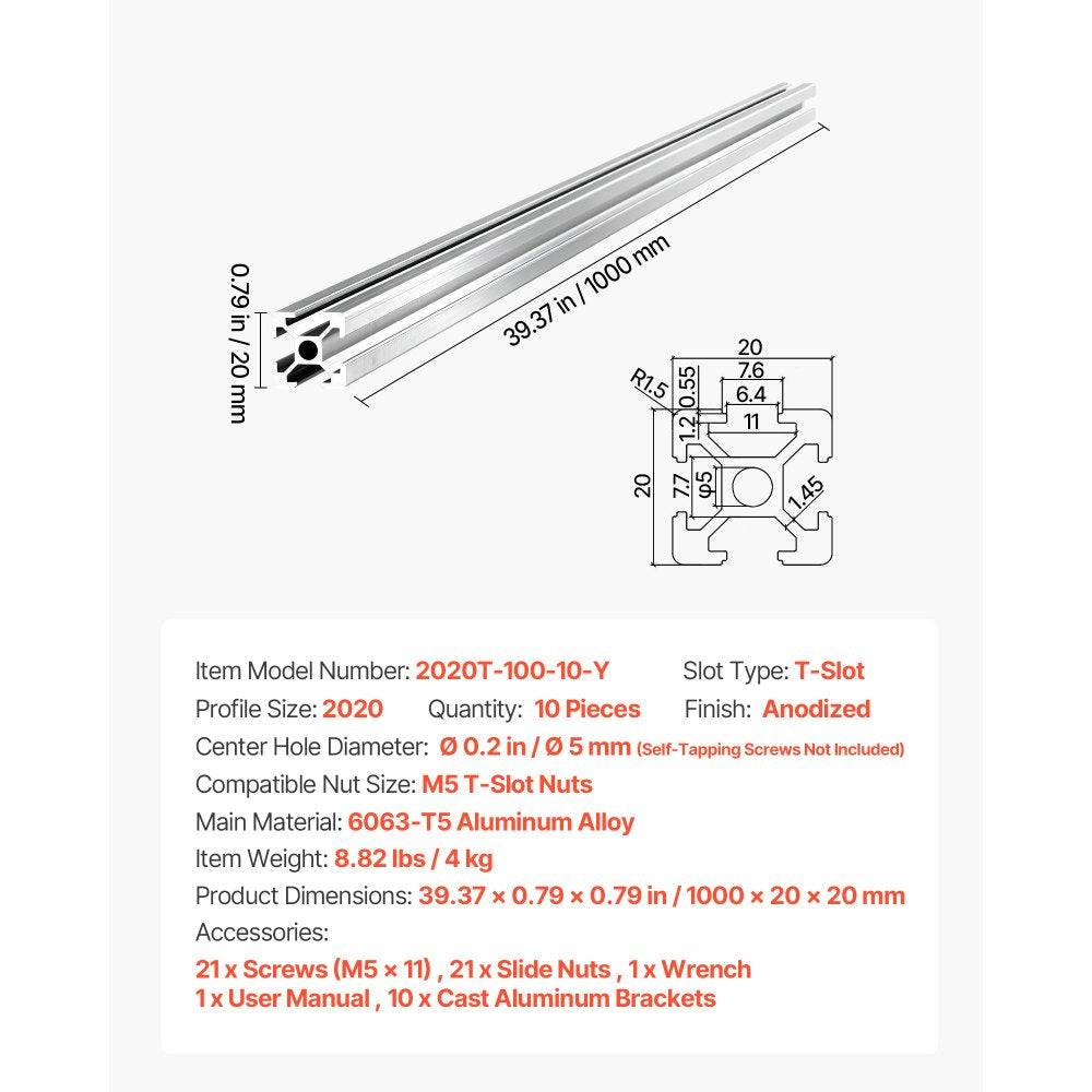 VEVOR 10PCS 2020 Aluminum Extrusion Profile, 39.37 Inch 1000 mm, T Slot European Standard Anodized Linear Rail, High-Strength Extruded Aluminum Rail, for 3D Printer Parts and CNC DIY Workbench, Silver