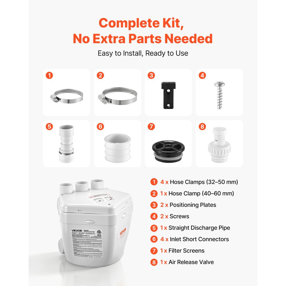 VEVOR Utility Sink Pump, 1 HP, 2200 GPH Under Sink Pump with 3 Water Inlets 1 Outlet, 36 ft Max Lift, Cast Aluminum Motor, Macerating Toilet System, for Sink Shower Wash Bin Urinal Kitchen Basement