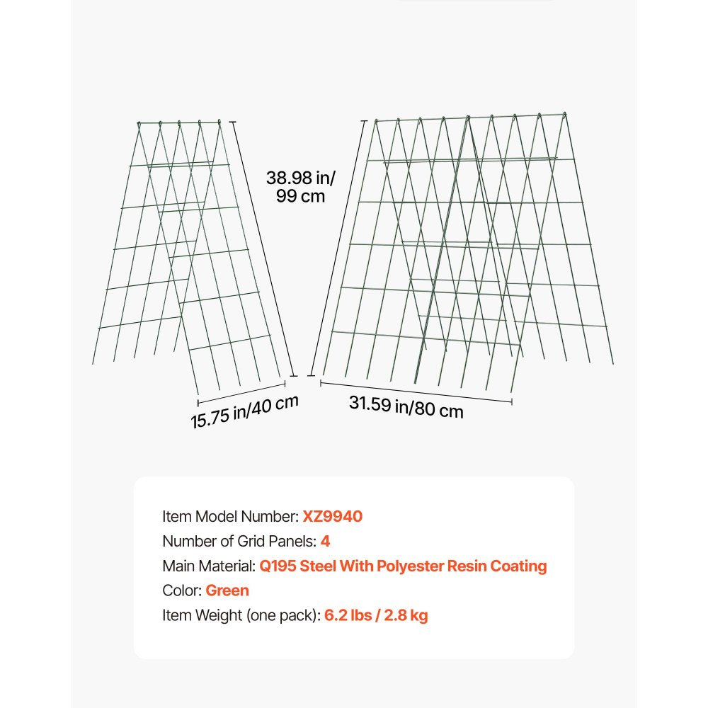 VEVOR Cucumber Trellis 4 Pack, A-Frame Garden Trellises for Raised Bed, Metal Rustproof Coating Plant Support for Vine, Climbing Plants, Peas, Beans, Zucchini, Tomato, Flower (38.98 x 15.75 in x 4PCS)
