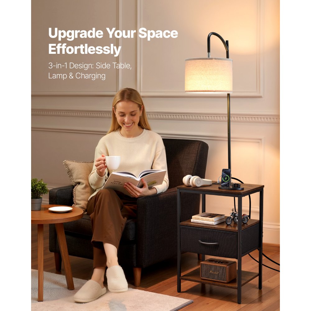 VEVOR Floor Lamp with Table, 3-Tier End Table with Drawer and 3 Color Temperature Lighting, Modern Side Nightstand Bedside Desk with USB & Type C & AC Charging Port for Living Room, Bedroom, Dorm