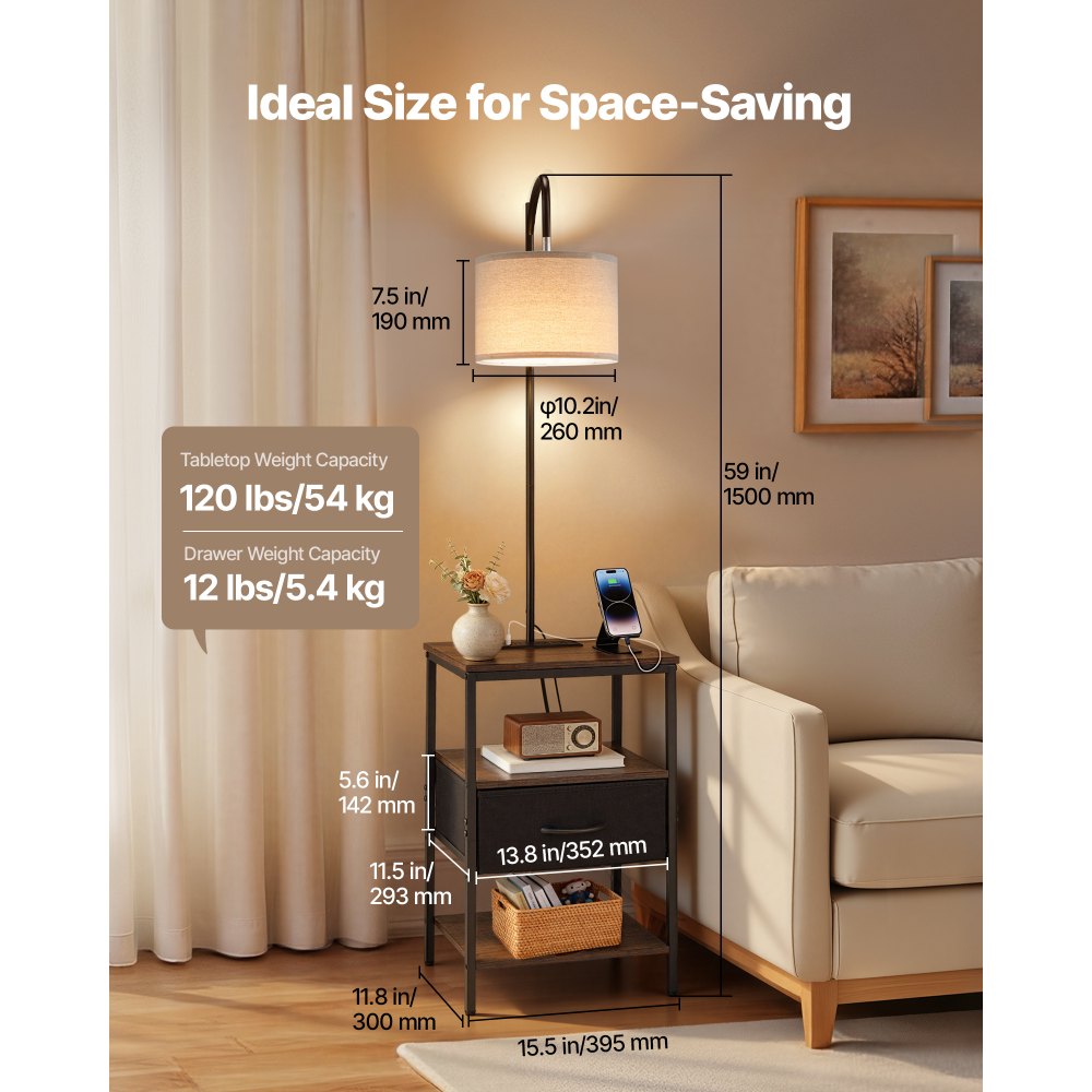 VEVOR Floor Lamp with Table, 3-Tier End Table with Drawer and 3 Color Temperature Lighting, Modern Side Nightstand Bedside Desk with USB & Type C & AC Charging Port for Living Room, Bedroom, Dorm
