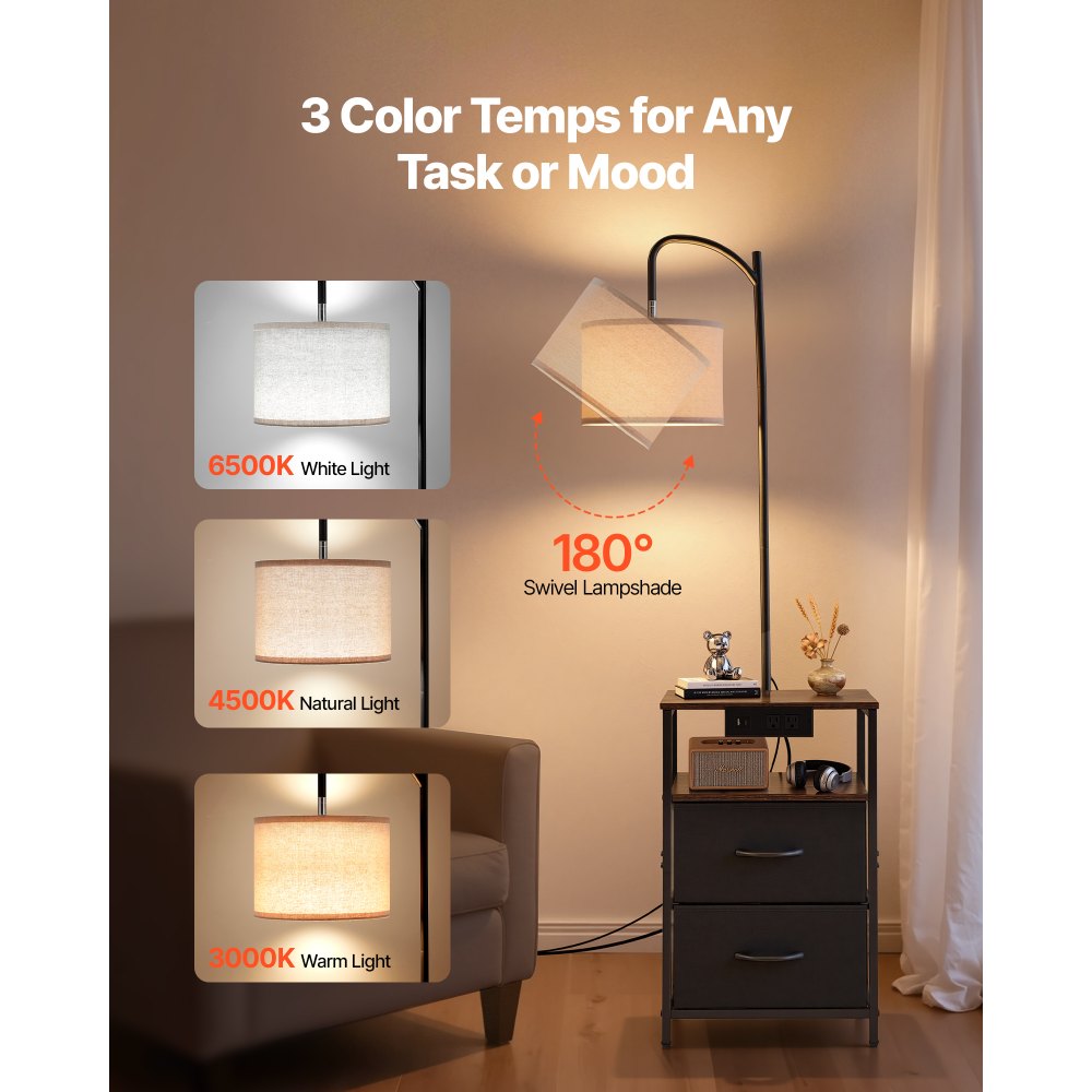 VEVOR Floor Lamp with Table, 2-Tier End Table with 2 Drawers and 3 Color Temperature Lighting, Modern Side Nightstand Bedside Desk with USB & Type C & AC Charging Port for Living Room, Bedroom, Dorm