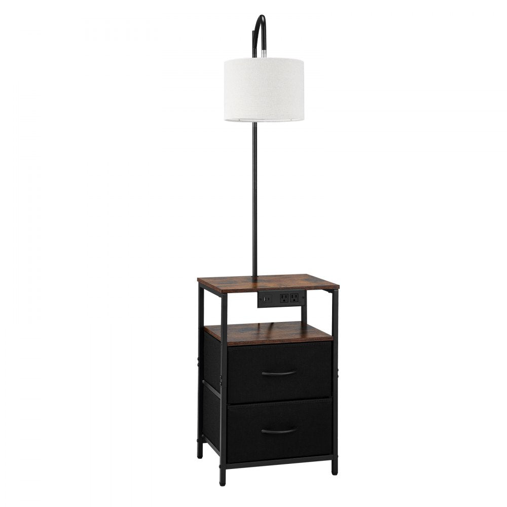 VEVOR Floor Lamp with Table, 2-Tier End Table with 2 Drawers and 3 Color Temperature Lighting, Modern Side Nightstand Bedside Desk with USB & Type C & AC Charging Port for Living Room, Bedroom, Dorm