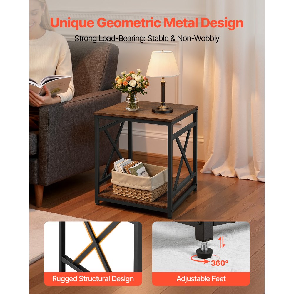 VEVOR End Table, 2-Tier Square Side Table with Open Storage Shelves, Modern Nightstand Bedside Desk with X-Design Metal Frame, Wood Sofa Coffee Desk for Living Room, Bedroom, Office, Dorm, Brown