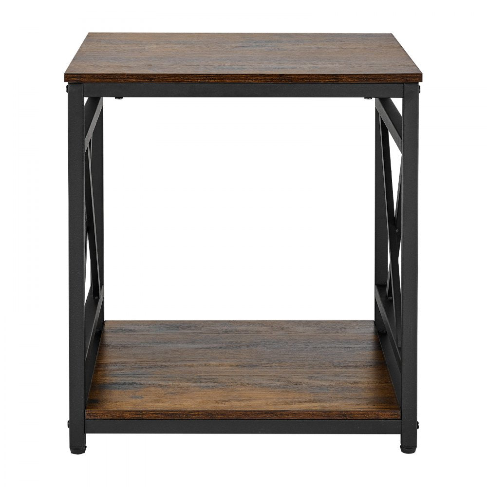 VEVOR End Table, 2-Tier Square Side Table with Open Storage Shelves, Modern Nightstand Bedside Desk with X-Design Metal Frame, Wood Sofa Coffee Desk for Living Room, Bedroom, Office, Dorm, Brown