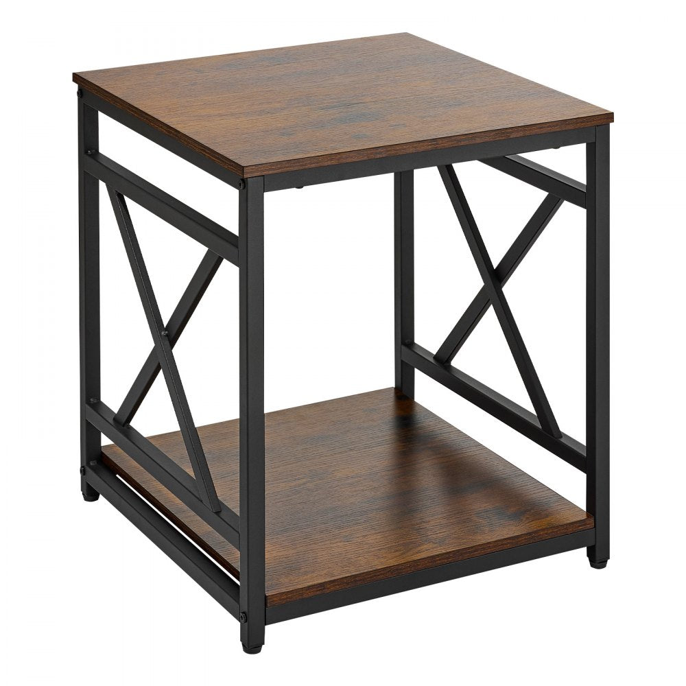 VEVOR End Table, 2-Tier Square Side Table with Open Storage Shelves, Modern Nightstand Bedside Desk with X-Design Metal Frame, Wood Sofa Coffee Desk for Living Room, Bedroom, Office, Dorm, Brown