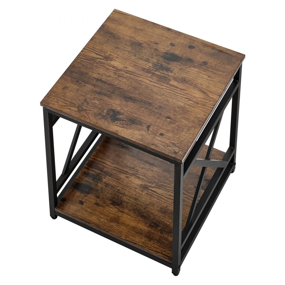 VEVOR End Table, 2-Tier Square Side Table with Open Storage Shelves, Modern Nightstand Bedside Desk with X-Design Metal Frame, Wood Sofa Coffee Desk for Living Room, Bedroom, Office, Dorm, Brown