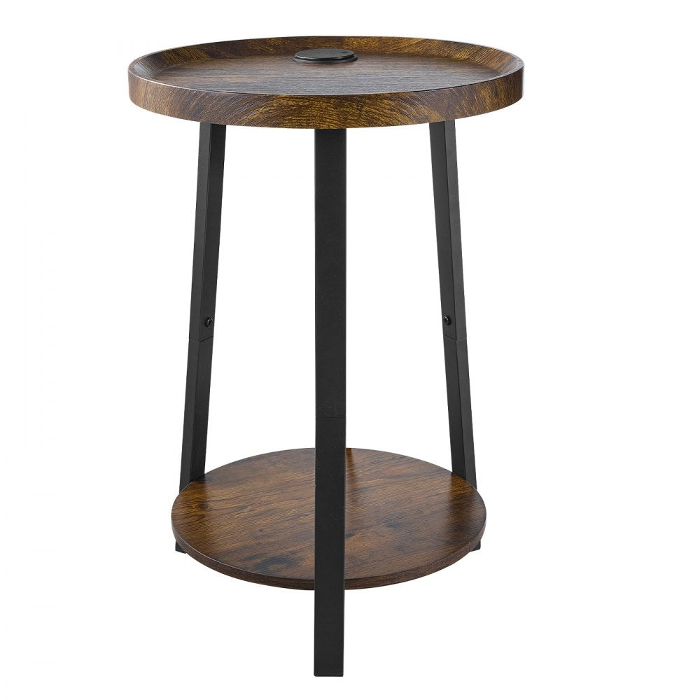 VEVOR End Table, 2-Tier Round Side Table with Open Storage Shelves, Modern Nightstand Bedside Desk with USB & AC Charging Port, Wood Sofa Coffee Desk for Living Room, Bedroom, Office, Dorm, Brown