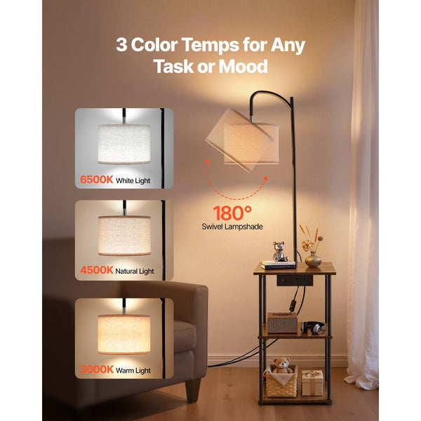 Vevor Floor Lamp with Table 3-Tier End Table with Open Shelves and Cha ...