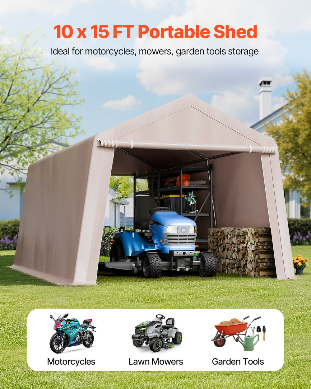 10 x 15 ft portable shed lifestyle image (tractor, tools)