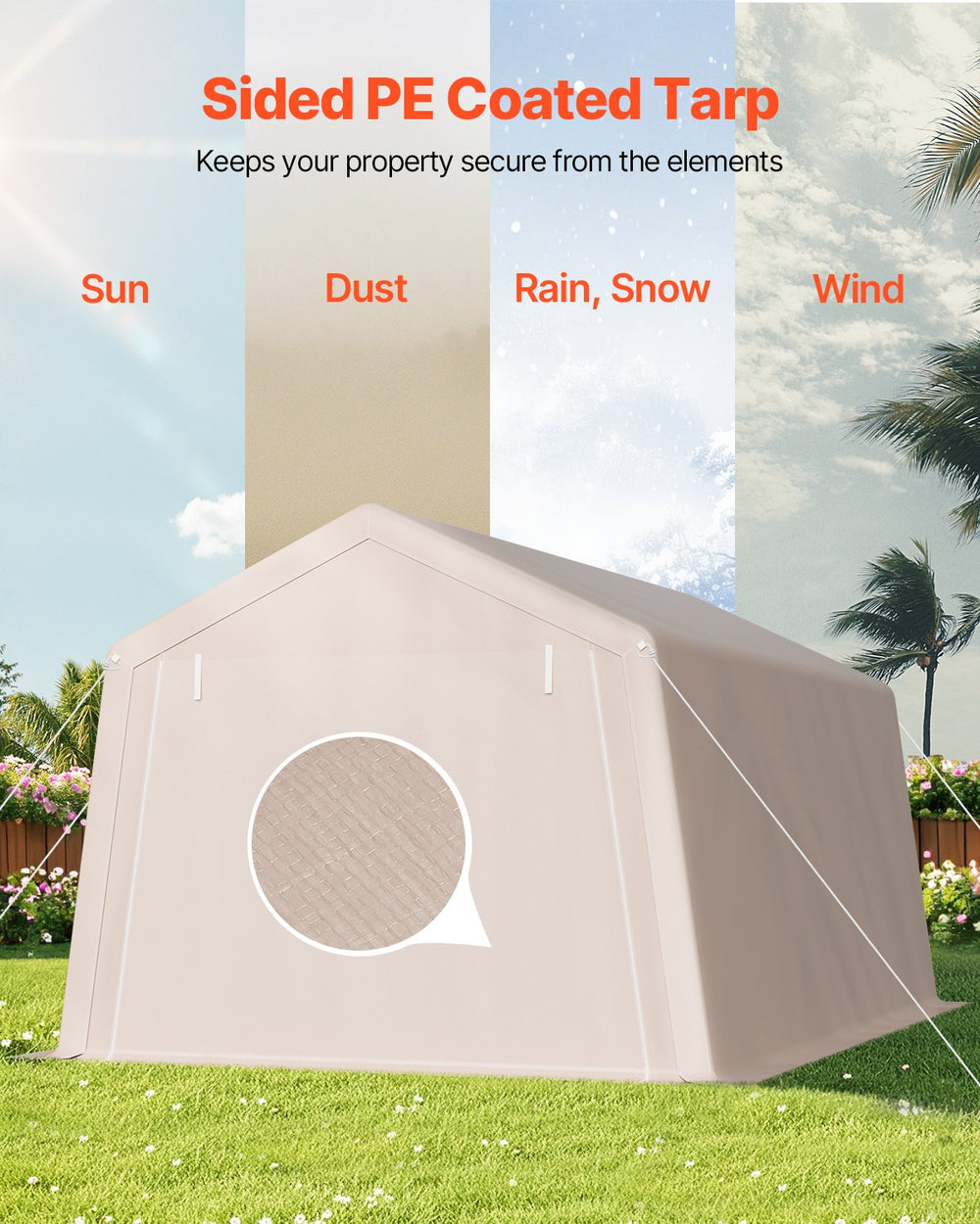 PE coated tarp protection (sun, dust, rain/snow, wind)