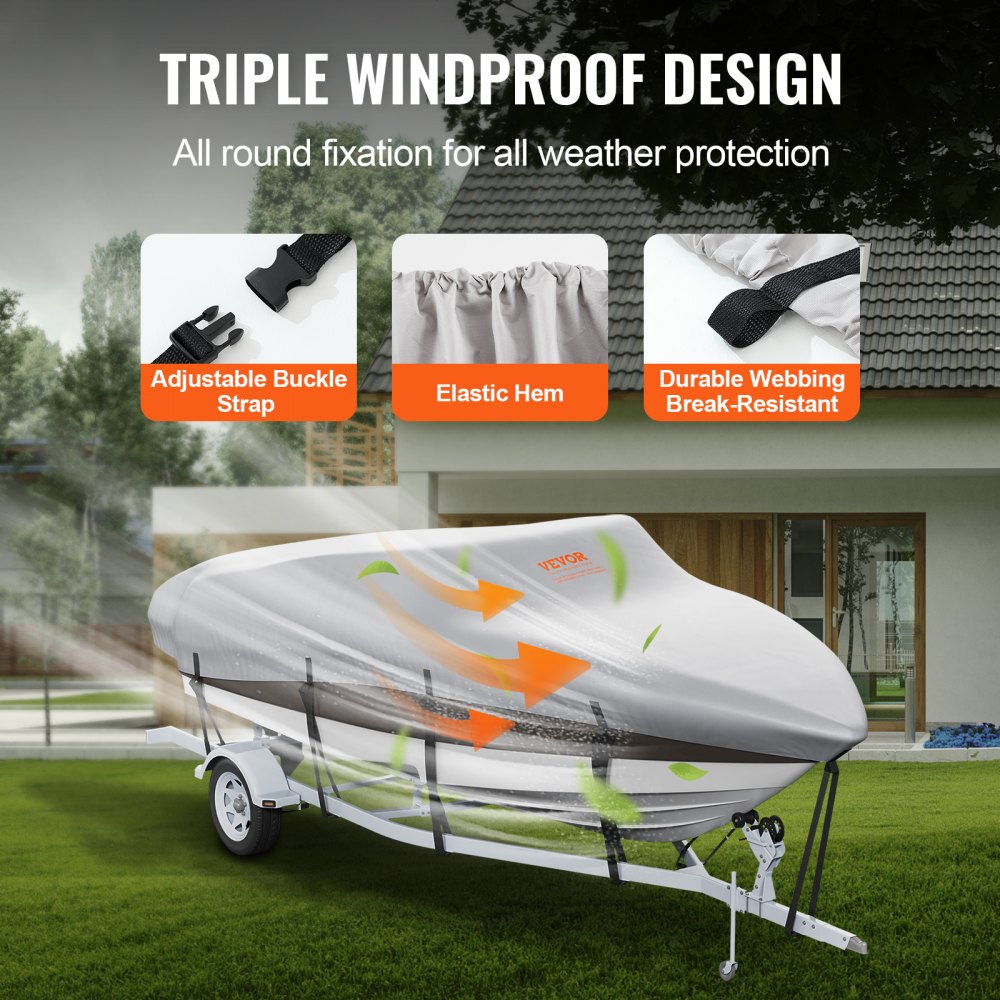 VEVOR Boat Cover, 17'-19' Trailerable Waterproof Boat Cover, 600D Marine Grade PU Oxford, with Motor Cover and Buckle Straps, for V-Hull, Tri-Hull, Runabout, Bass Boat, Fish Ski Boat, Grey