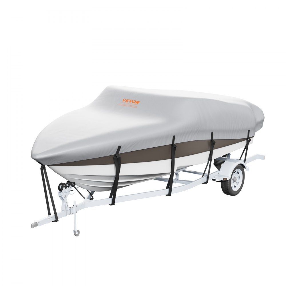 VEVOR Boat Cover, 17'-19' Trailerable Waterproof Boat Cover, 600D Marine Grade PU Oxford, with Motor Cover and Buckle Straps, for V-Hull, Tri-Hull, Runabout, Bass Boat, Fish Ski Boat, Grey