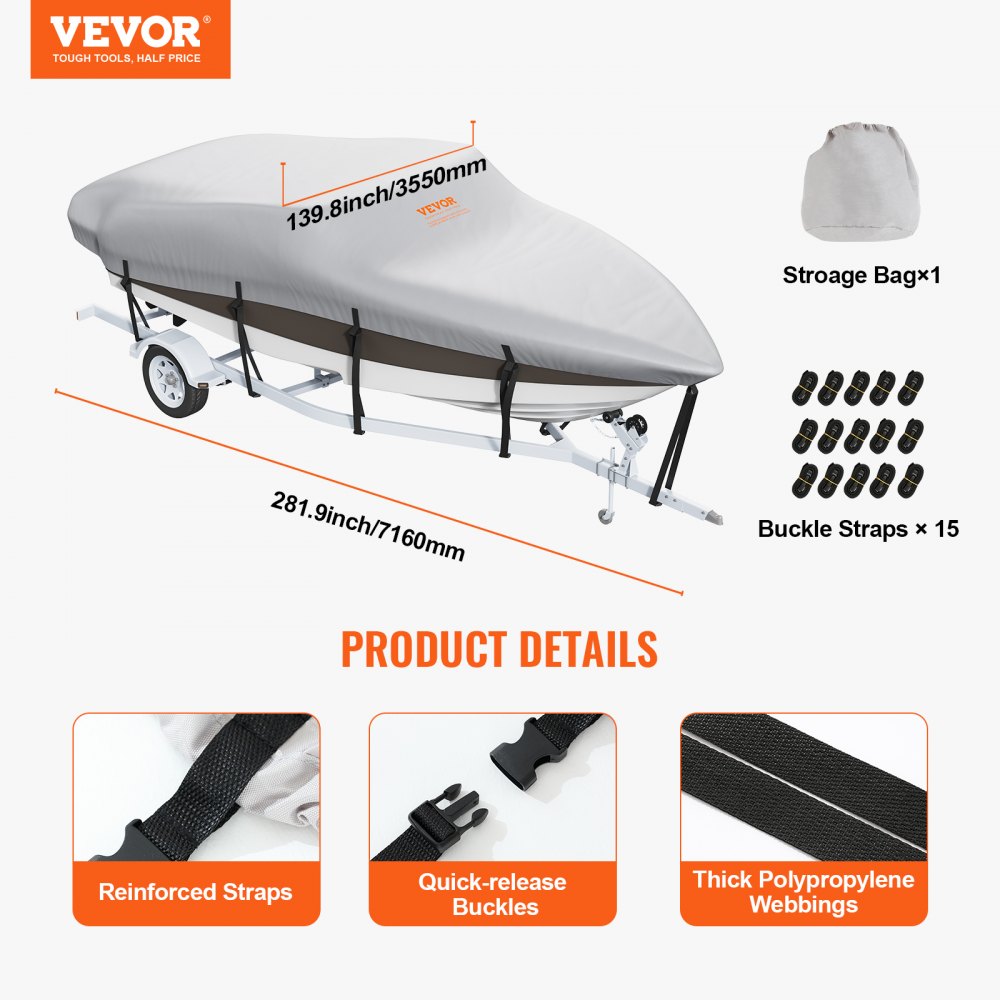 VEVOR Boat Cover, 20'-22' Trailerable Waterproof Boat Cover, 600D Marine Grade PU Oxford, with Motor Cover and Buckle Straps, for V-Hull, Tri-Hull, Fish Ski Boat, Runabout, Bass Boat, Grey