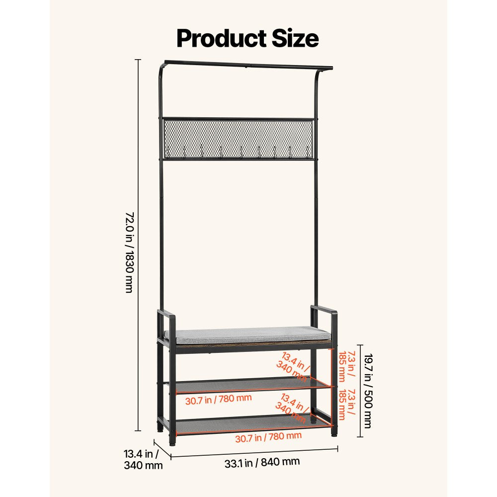 VEVOR Hall Tree, 72 in Coat Rack with Shoe Bench, Freestanding 2-Tier Shoe Rack Storage Organizer with Hooks, Hanging Rod and Wire Shelf, Steel Frame Entrance Coat Holder for Entry, Bedroom, Closet