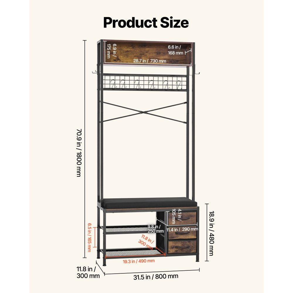 VEVOR Hall Tree, 70.9 in Coat Rack with Shoe Bench & 3 Drawers, 3-in-1 Freestanding Shoe Rack Storage Organizer with Bookshelf & Wire Shelf, Steel Frame Entrance Coat Holder for Entry, Bedroom, Closet