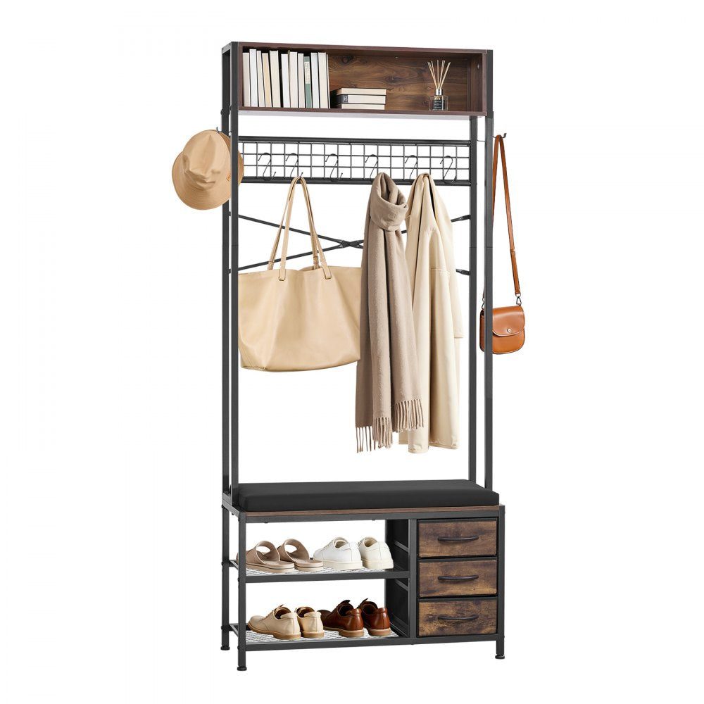 VEVOR Hall Tree, 70.9 in Coat Rack with Shoe Bench & 3 Drawers, 3-in-1 Freestanding Shoe Rack Storage Organizer with Bookshelf & Wire Shelf, Steel Frame Entrance Coat Holder for Entry, Bedroom, Closet
