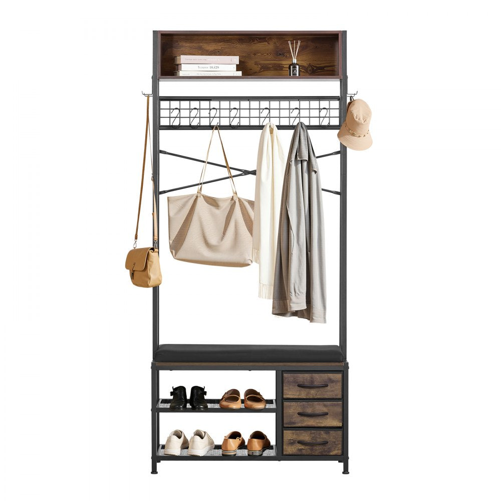 VEVOR Hall Tree, 70.9 in Coat Rack with Shoe Bench & 3 Drawers, 3-in-1 Freestanding Shoe Rack Storage Organizer with Bookshelf & Wire Shelf, Steel Frame Entrance Coat Holder for Entry, Bedroom, Closet
