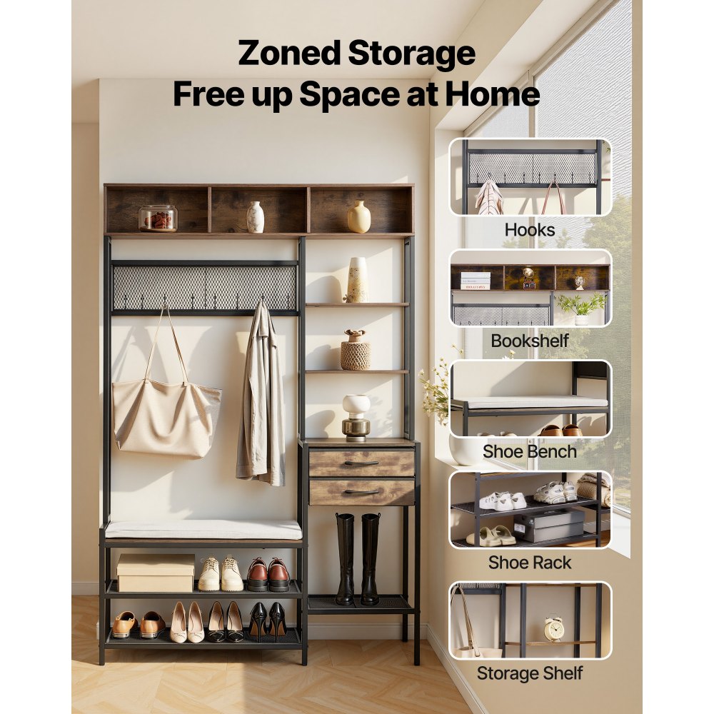 VEVOR Hall Tree, 70.9 in Coat Rack with Shoe Bench & 2 Drawers, 3-in-1 Freestanding Shoe Rack Storage Organizer with Bookshelf & Wire Shelf, Steel Frame Entrance Coat Holder for Entry, Bedroom, Closet