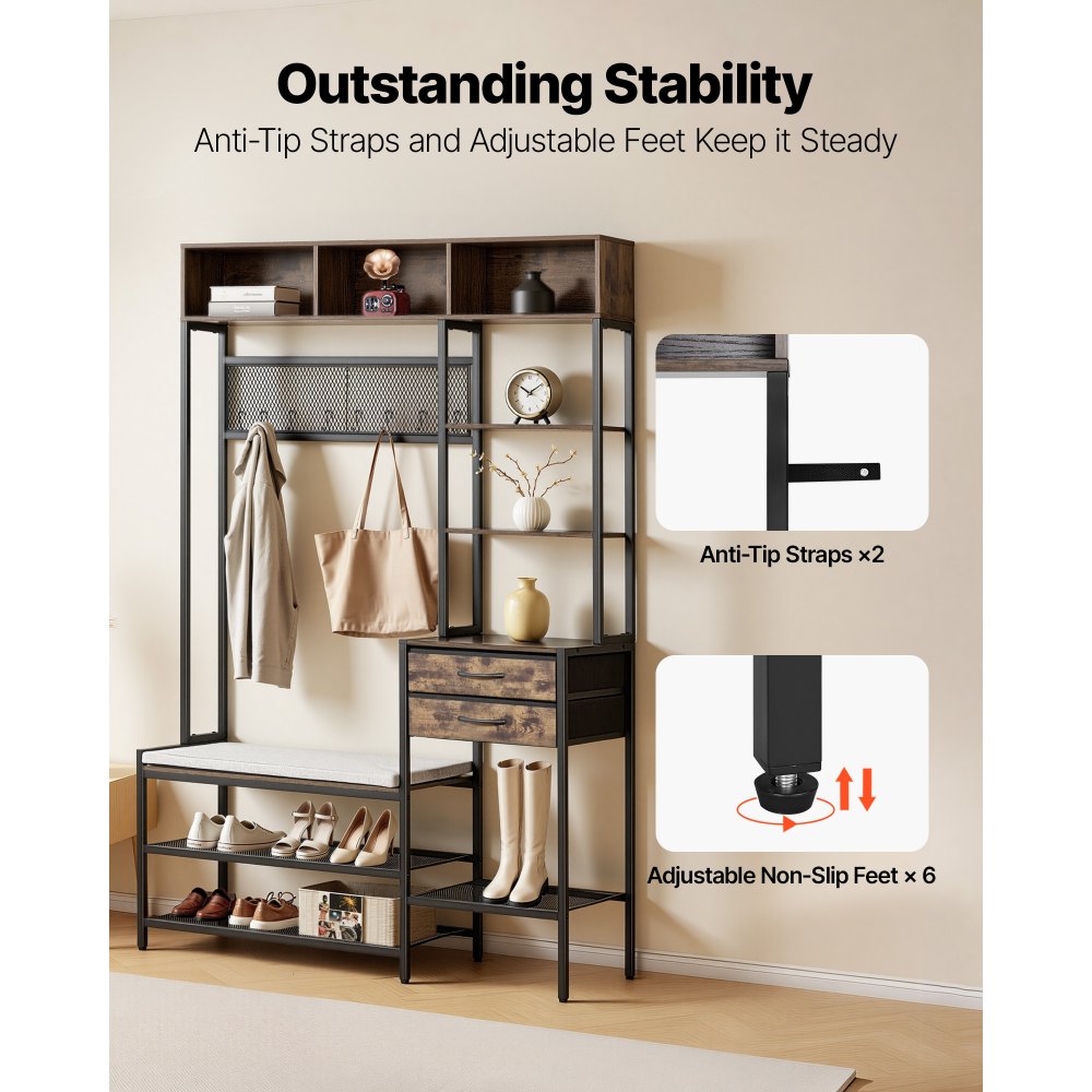 VEVOR Hall Tree, 70.9 in Coat Rack with Shoe Bench & 2 Drawers, 3-in-1 Freestanding Shoe Rack Storage Organizer with Bookshelf & Wire Shelf, Steel Frame Entrance Coat Holder for Entry, Bedroom, Closet