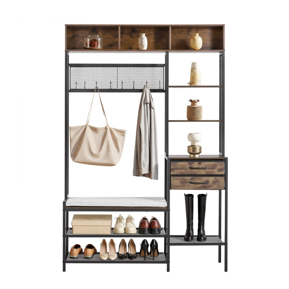 VEVOR Hall Tree, 70.9 in Coat Rack with Shoe Bench & 2 Drawers, 3-in-1 Freestanding Shoe Rack Storage Organizer with Bookshelf & Wire Shelf, Steel Frame Entrance Coat Holder for Entry, Bedroom, Closet