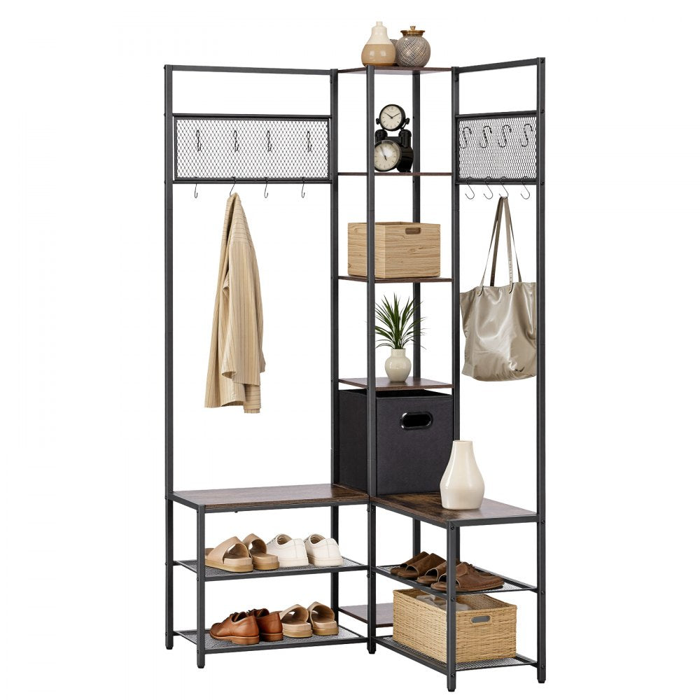 VEVOR Corner Hall Tree with Shoe Bench, 70.9 in Coat Rack with Hooks and Steel Frame, Freestanding Clothes Shoes Rack Storage Organizer with Anti-Tip Set, for Entrance, Closet, Office, Rustic Brown