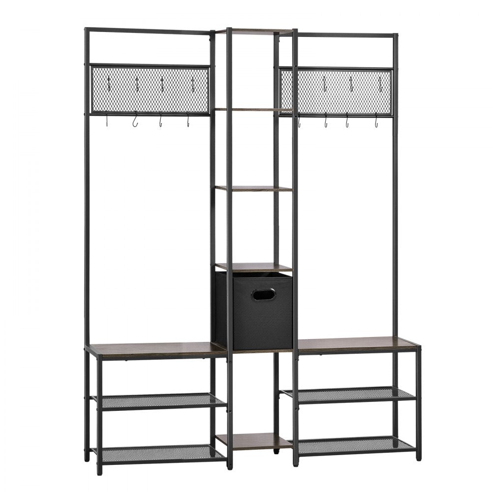 VEVOR Corner Hall Tree with Shoe Bench, 70.9 in Coat Rack with Hooks and Steel Frame, Freestanding Clothes Shoes Rack Storage Organizer with Anti-Tip Set, for Entrance, Closet, Office, Rustic Brown