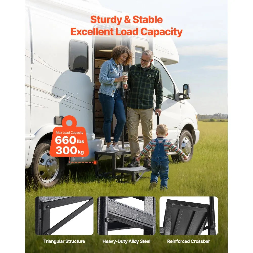 VEVOR RV Steps with Handrail, 2 Steps, 660 lbs Load Capacity, Heavy Duty Outdoor RV Stairs with Non-Slip Mat for Elderly and Pets, Portable Stairs for Hot Tub, Camper, Mobile Home, Porch, Pool, SPA