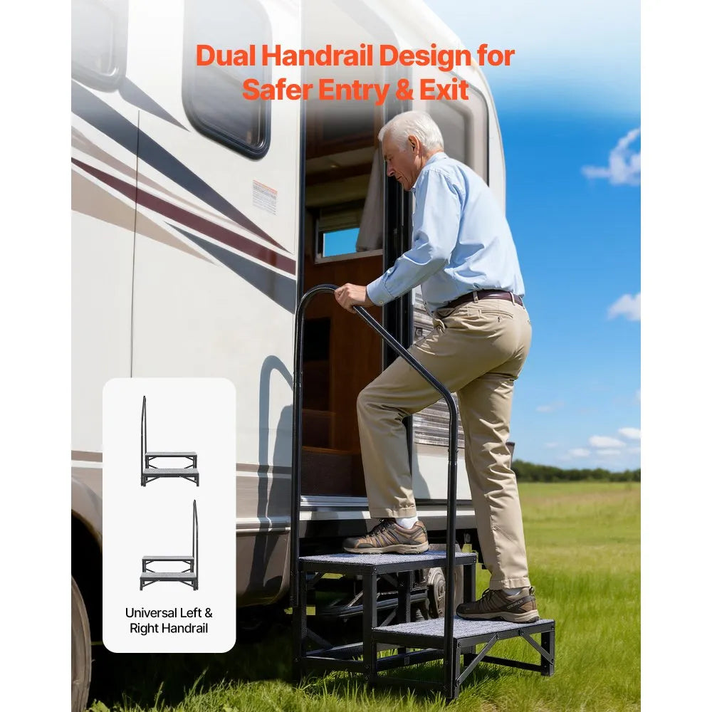 VEVOR RV Steps with Handrail, 2 Steps, 660 lbs Load Capacity, Heavy Duty Outdoor RV Stairs with Non-Slip Mat for Elderly and Pets, Portable Stairs for Hot Tub, Camper, Mobile Home, Porch, Pool, SPA
