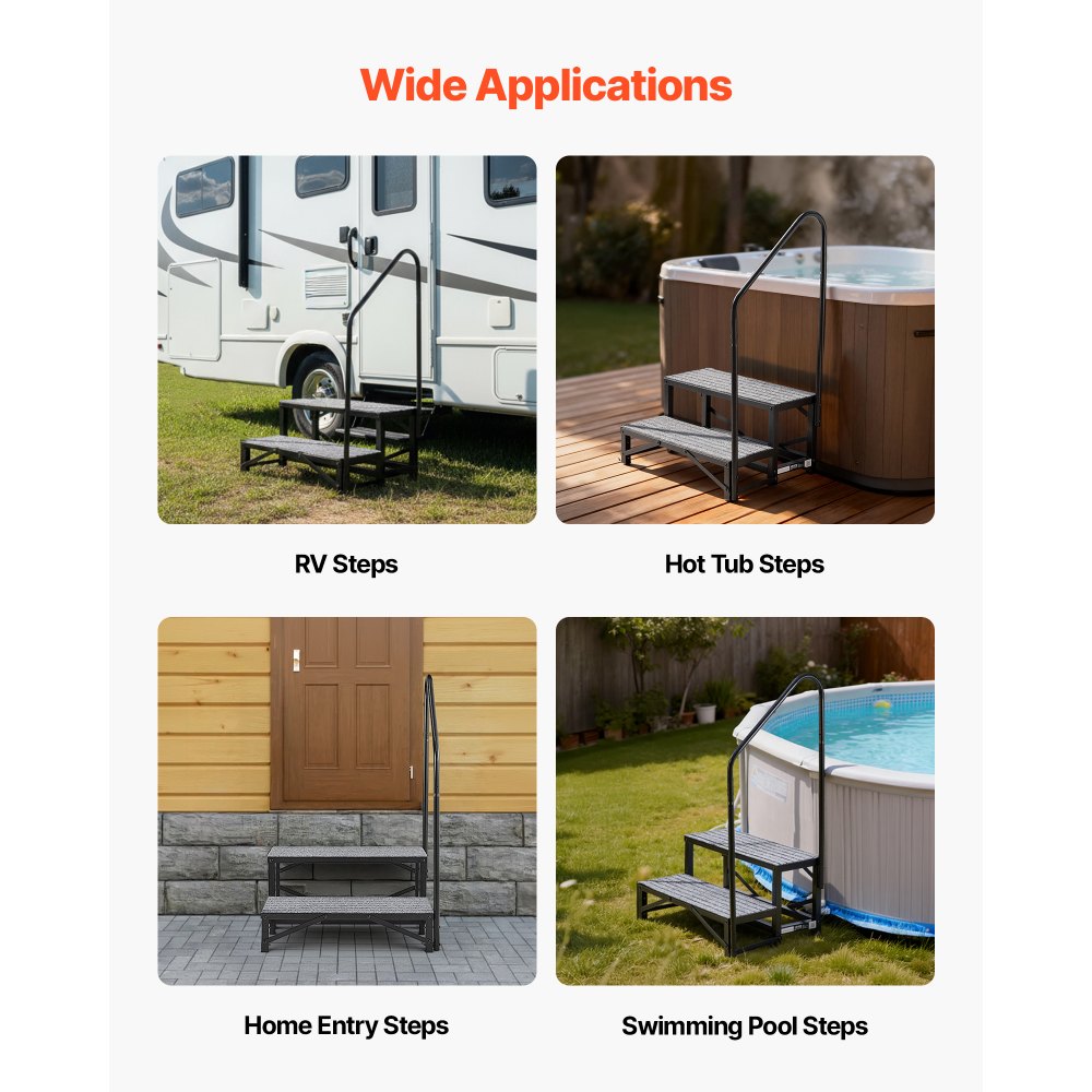 VEVOR RV Steps with Handrail, 2 Steps, 660 lbs Load Capacity, Heavy Duty Outdoor RV Stairs with Non-Slip Mat for Elderly and Pets, Portable Stairs for Hot Tub, Camper, Mobile Home, Porch, Pool, SPA