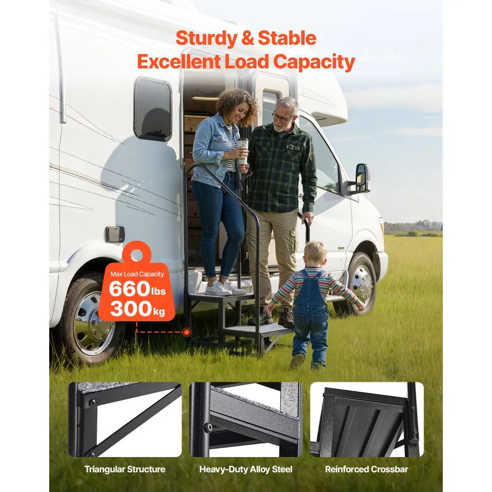VEVOR RV Steps with Dual Handrails, 2 Steps, 660 lbs Load Capacity, Heavy Duty Outdoor RV Stairs with Non-Slip Mat for Elderly/Pets, Portable Stairs for Hot Tub, Camper, Mobile Home, Porch, Pool, SPA