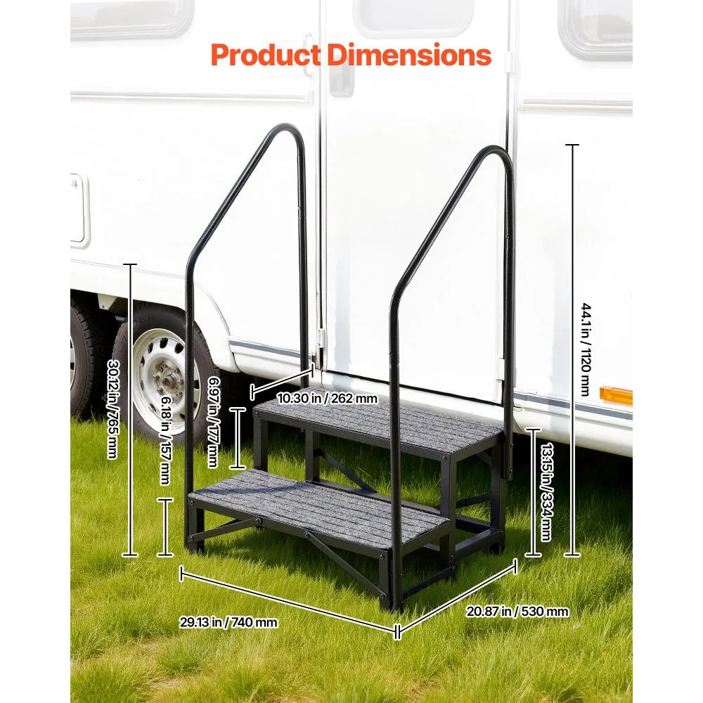 VEVOR RV Steps with Dual Handrails, 2 Steps, 660 lbs Load Capacity, Heavy Duty Outdoor RV Stairs with Non-Slip Mat for Elderly/Pets, Portable Stairs for Hot Tub, Camper, Mobile Home, Porch, Pool, SPA