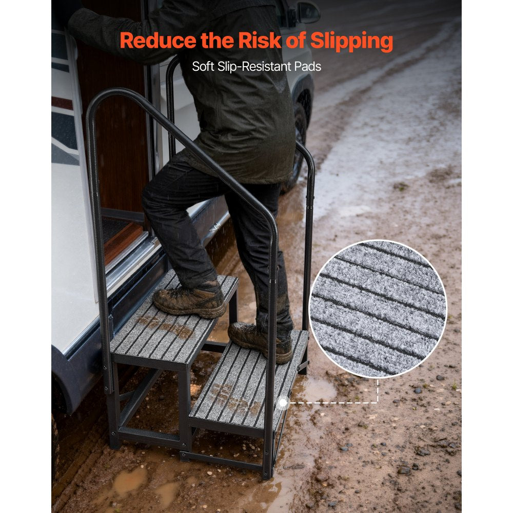 VEVOR RV Steps with Dual Handrails, 2 Steps, 660 lbs Load Capacity, Heavy Duty Outdoor RV Stairs with Non-Slip Mat for Elderly/Pets, Portable Stairs for Hot Tub, Camper, Mobile Home, Porch, Pool, SPA