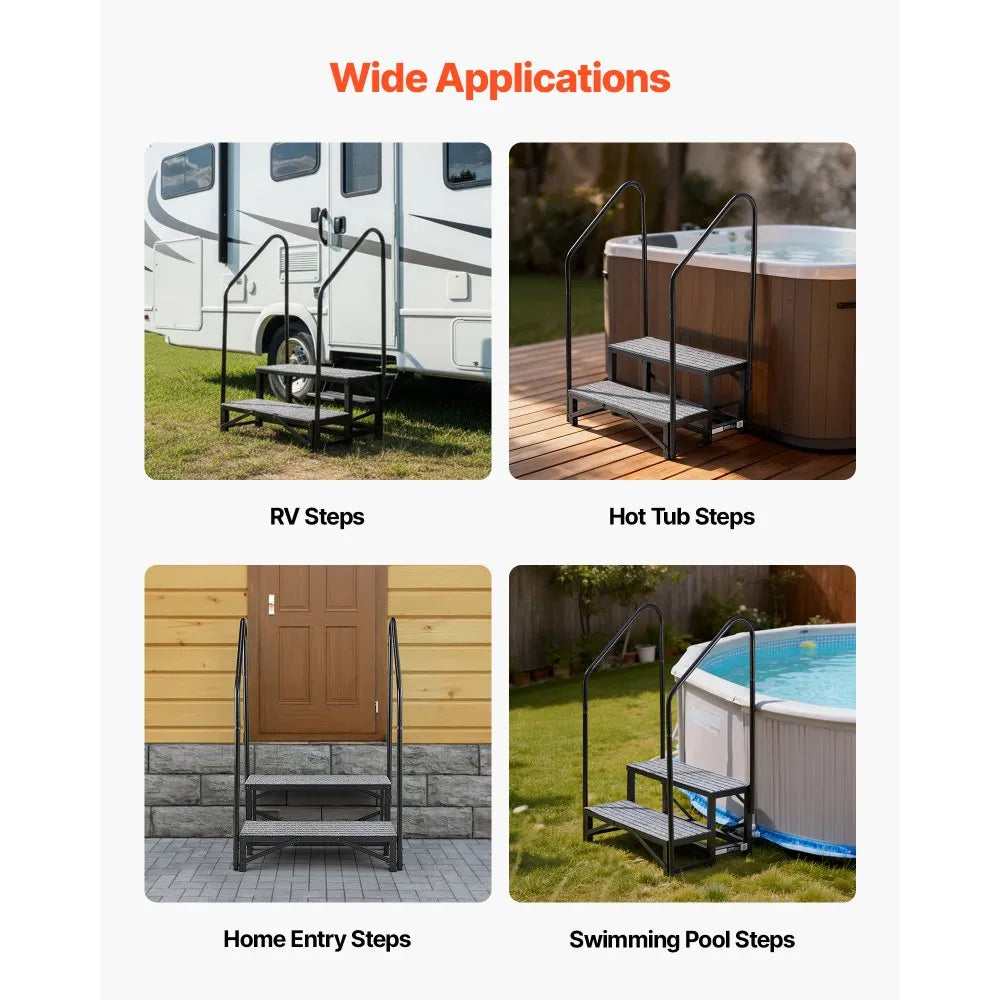 VEVOR RV Steps with Dual Handrails, 2 Steps, 660 lbs Load Capacity, Heavy Duty Outdoor RV Stairs with Non-Slip Mat for Elderly/Pets, Portable Stairs for Hot Tub, Camper, Mobile Home, Porch, Pool, SPA