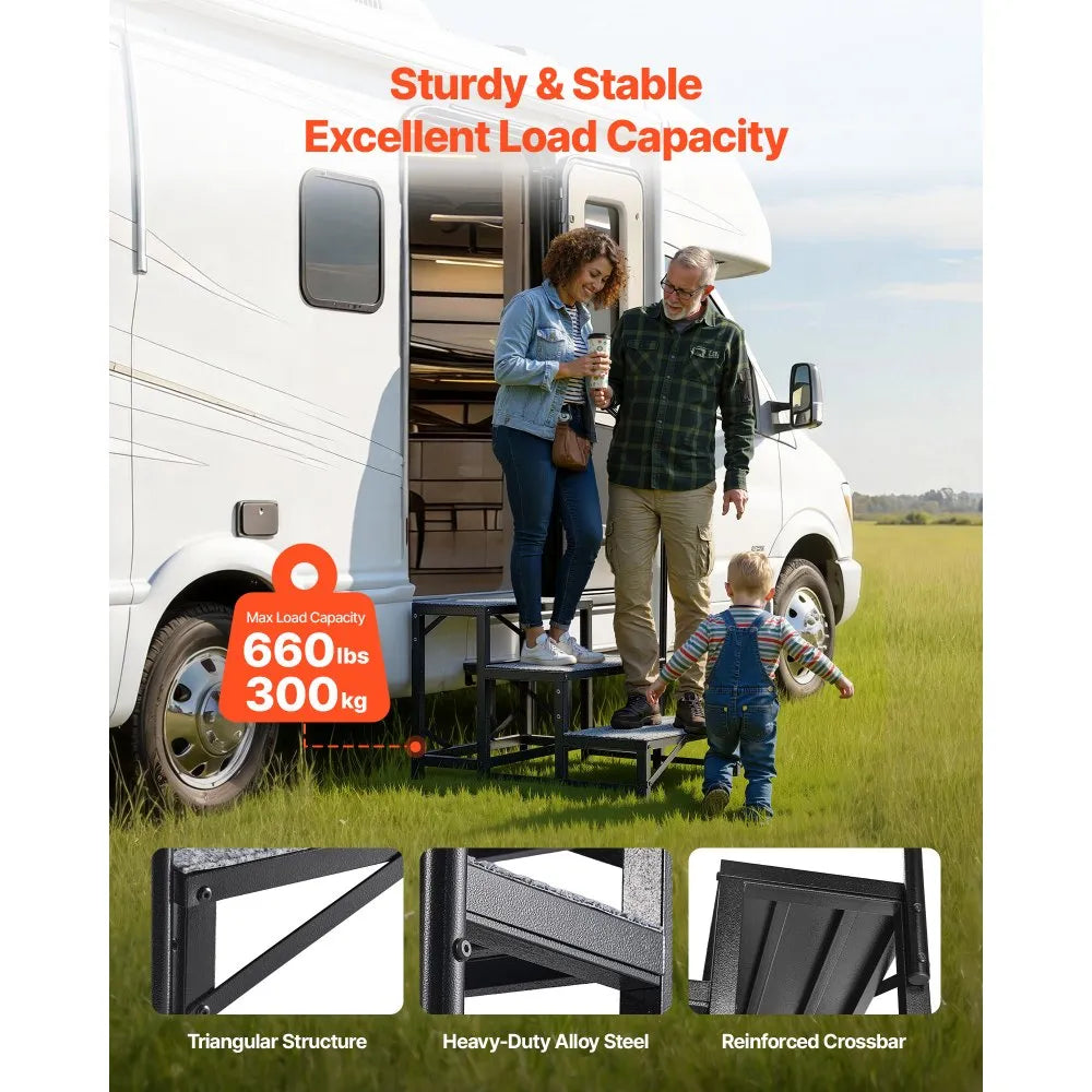 VEVOR RV Steps with Handrail, 3 Steps, 660 lbs Load Capacity, Heavy Duty Outdoor RV Stairs with Non-Slip Mat for Elderly and Pets, Portable Stairs for Hot Tub, Camper, Mobile Home, Porch, Pool, SPA