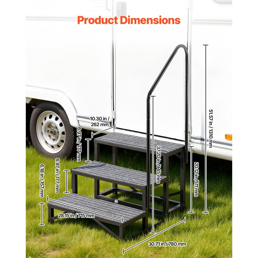VEVOR RV Steps with Handrail, 3 Steps, 660 lbs Load Capacity, Heavy Duty Outdoor RV Stairs with Non-Slip Mat for Elderly and Pets, Portable Stairs for Hot Tub, Camper, Mobile Home, Porch, Pool, SPA