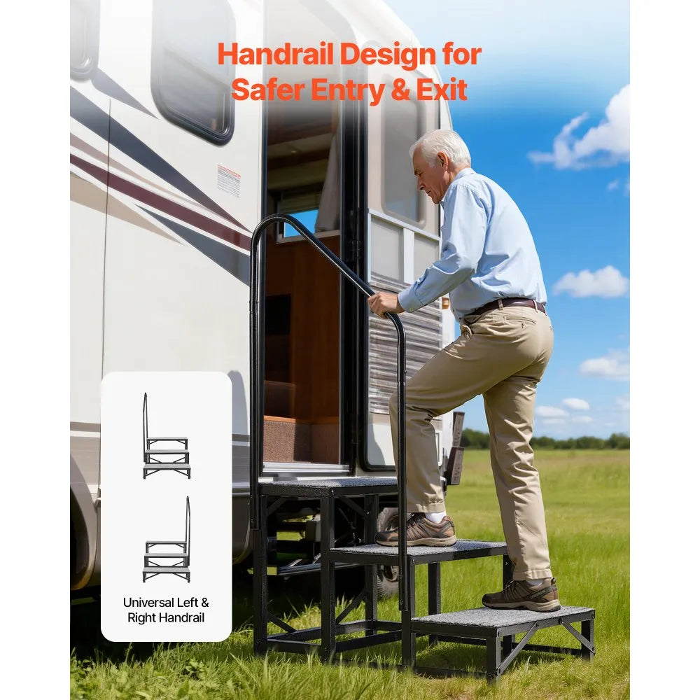 VEVOR RV Steps with Handrail, 3 Steps, 660 lbs Load Capacity, Heavy Duty Outdoor RV Stairs with Non-Slip Mat for Elderly and Pets, Portable Stairs for Hot Tub, Camper, Mobile Home, Porch, Pool, SPA