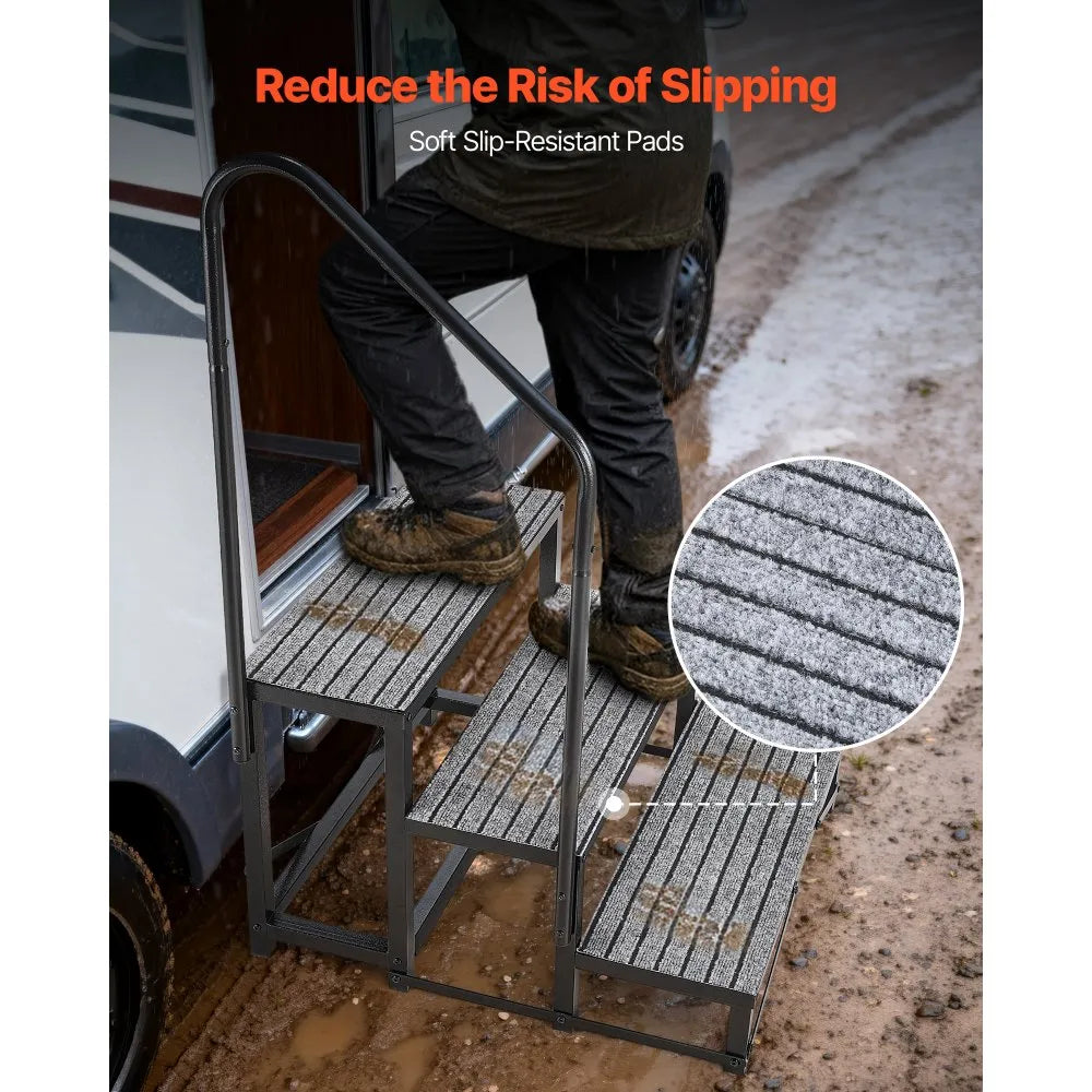 VEVOR RV Steps with Handrail, 3 Steps, 660 lbs Load Capacity, Heavy Duty Outdoor RV Stairs with Non-Slip Mat for Elderly and Pets, Portable Stairs for Hot Tub, Camper, Mobile Home, Porch, Pool, SPA