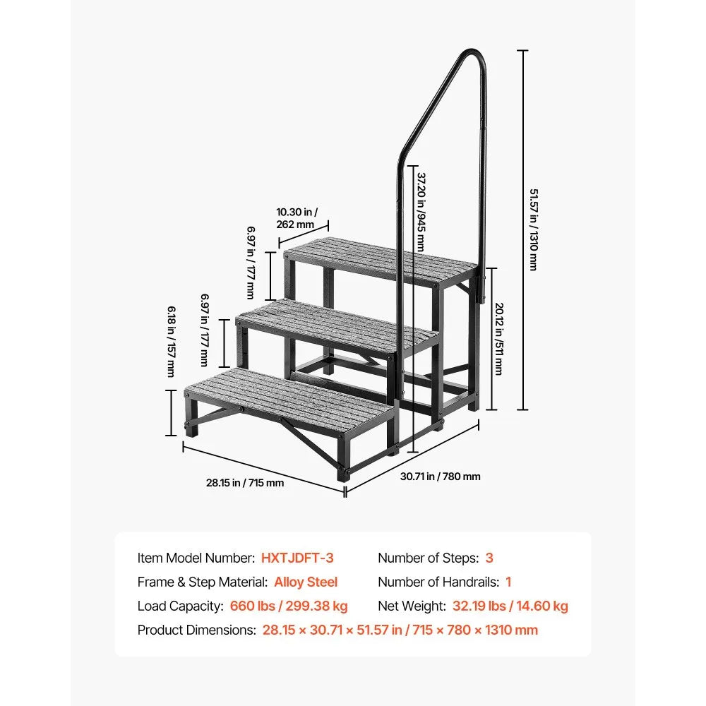 VEVOR RV Steps with Handrail, 3 Steps, 660 lbs Load Capacity, Heavy Duty Outdoor RV Stairs with Non-Slip Mat for Elderly and Pets, Portable Stairs for Hot Tub, Camper, Mobile Home, Porch, Pool, SPA