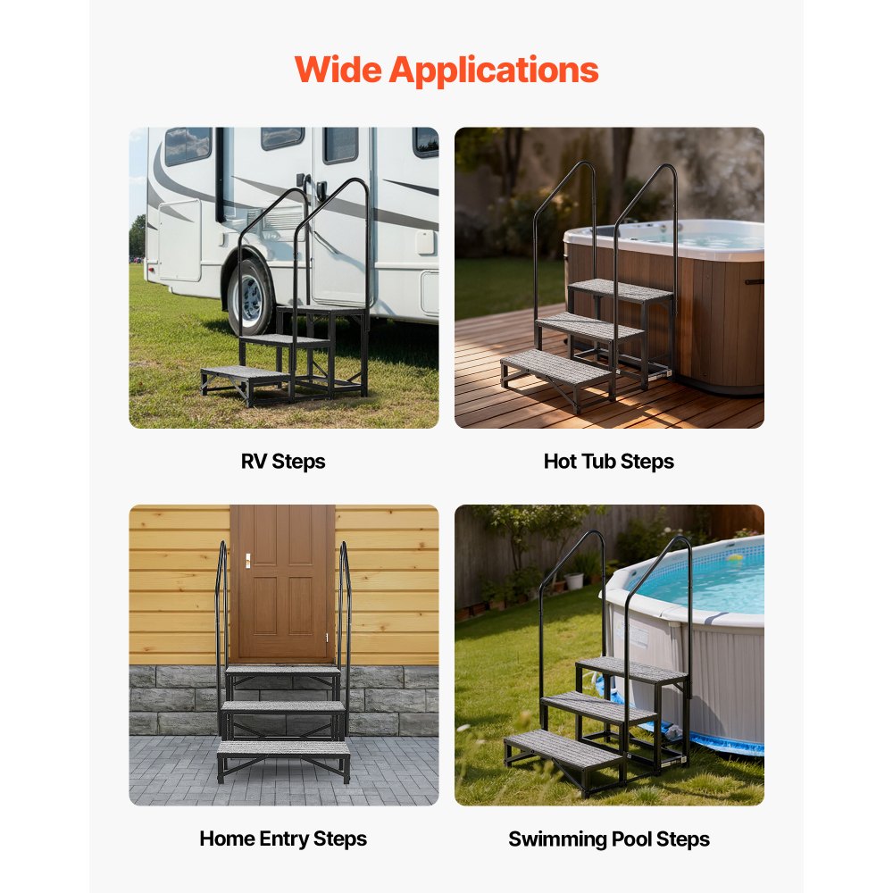 VEVOR RV Steps with Dual Handrails, 3 Steps, 660 lbs Load Capacity, Heavy Duty Outdoor RV Stairs with Non-Slip Mat for Elderly/Pets, Portable Stairs for Hot Tub, Camper, Mobile Home, Porch, Pool, SPA