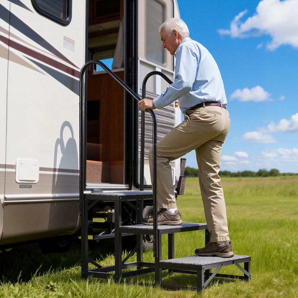 VEVOR RV Steps with Dual Handrails, 3 Steps, 660 lbs Load Capacity, Heavy Duty Outdoor RV Stairs with Non-Slip Mat for Elderly/Pets, Portable Stairs for Hot Tub, Camper, Mobile Home, Porch, Pool, SPA