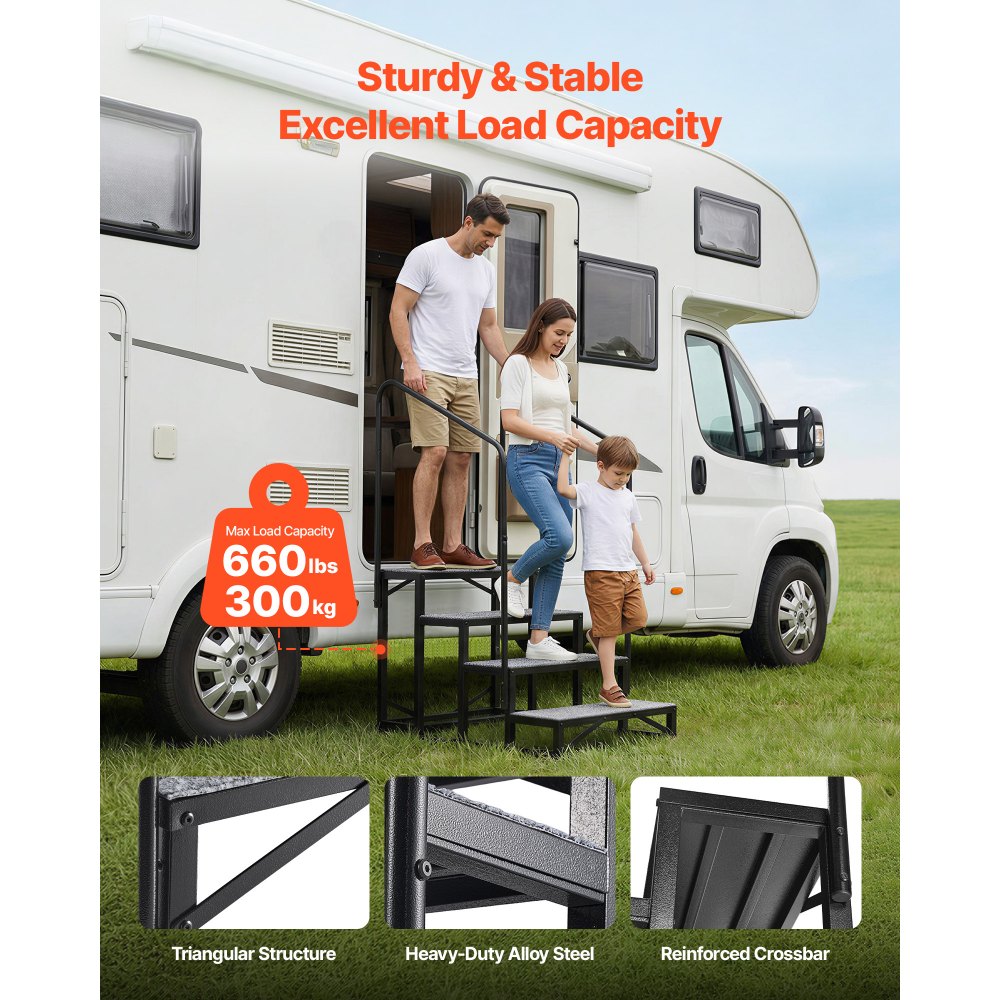 VEVOR RV Steps with Dual Handrails, 4 Steps, 660 lbs Load Capacity, Heavy Duty Outdoor RV Stairs with Non-Slip Mat for Elderly/Pets, Portable Stairs for Hot Tub, Camper, Mobile Home, Porch, Pool, SPA